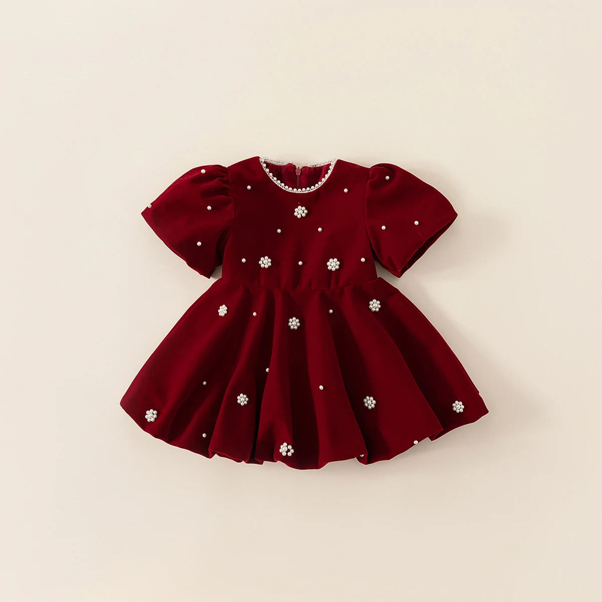 Cute Velvet Red Dress for Kids Girls Beading O-neck Floral Pattern Puff Sleeve Princess Vestido 1-8Y Child Christmas Party Dress
