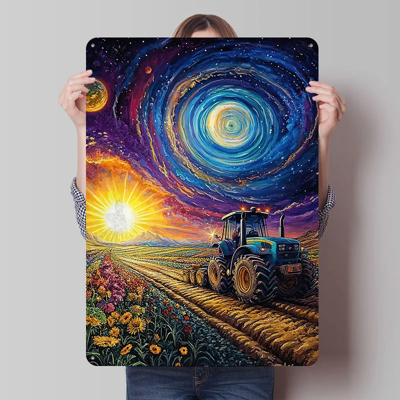 Tractor Under Cosmic Sky Tinplate Posters Customizable Wall Art Retro Vintage Metal Signs for Home Room Garage Decoration Gaming