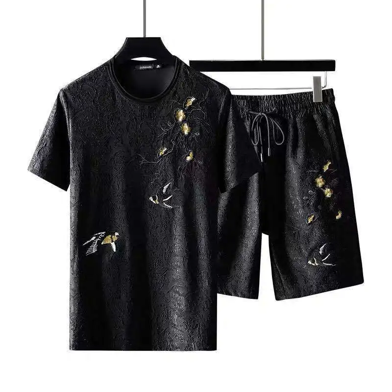 Men's summer high quality leisure sports suit fashion embroidered han edition short sleeve shorts two-piece printed