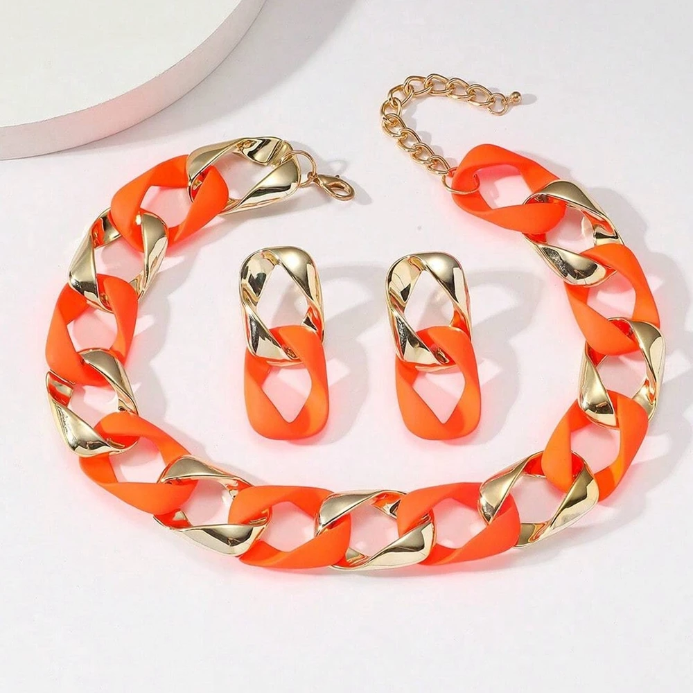 New INS Fashion Set Hip Hop Fluorescent Color Acrylic CCB Spliced Choker Necklace And Earrings For Women Neck Jewelry