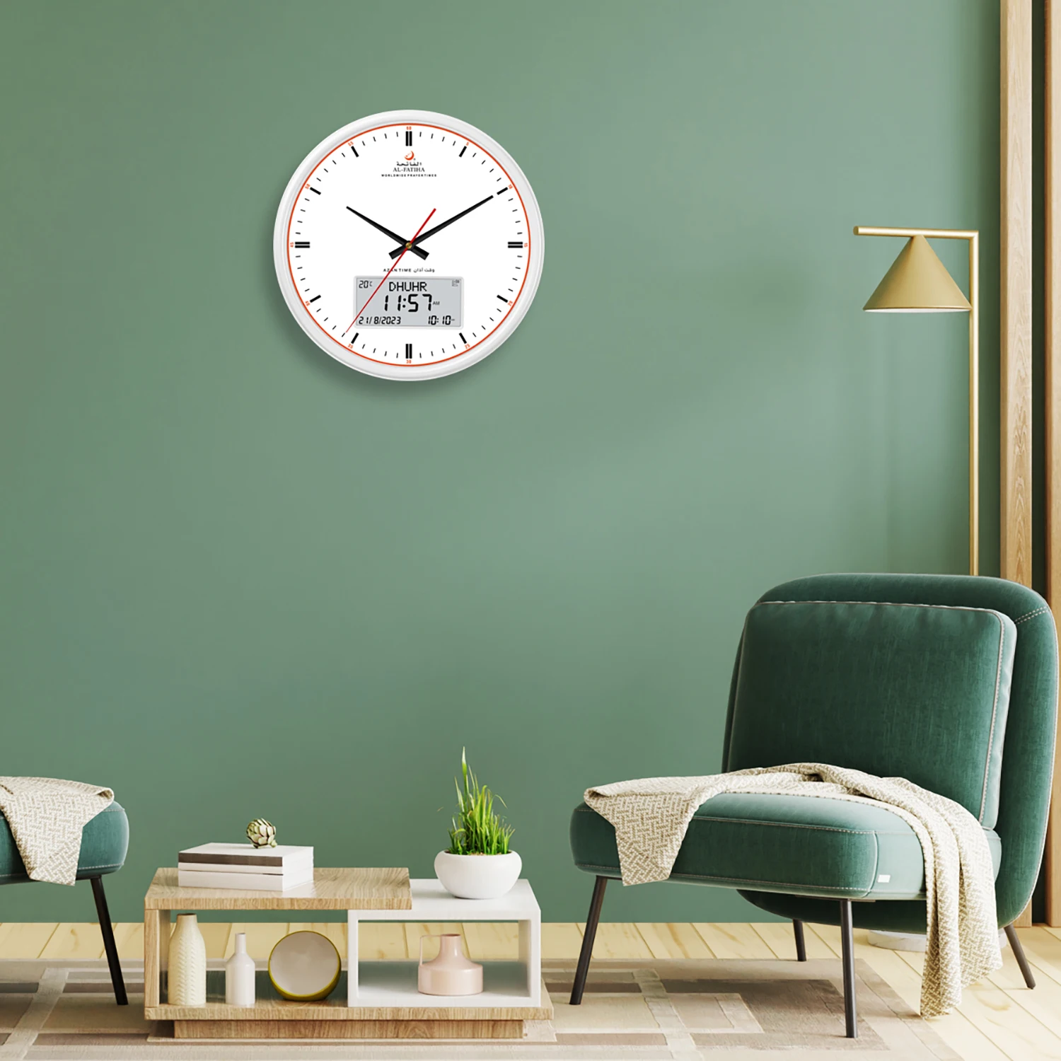 이슬람 시계 Azan 벽시계 Hijri 달력이있는 디지털 아날로그 시계 Azan기도 시간 Fajr 알람 모스크 벽시계