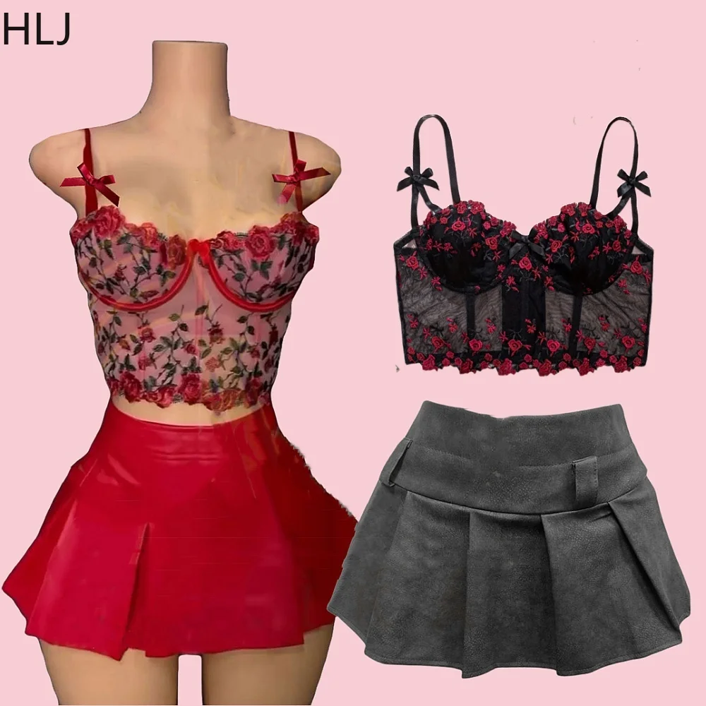 

HLJ Sexy Embroidery Flower See Though Corset Tank Top Two Piece Sets Women Bow Sleeveless Vest And Mini Stacked Skirts Outfits