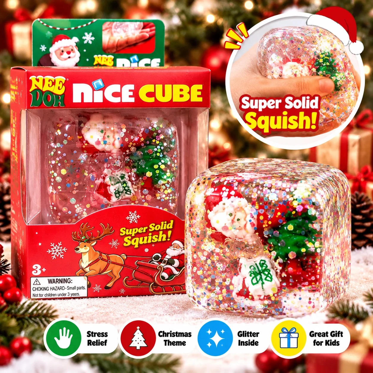 Christmas Squishy Fidget Toy Glitter Nice Cube Super Solid Squeeze Stress Relief Sensory Toy Santa Xmas Stocking Stuffer Gift fo
