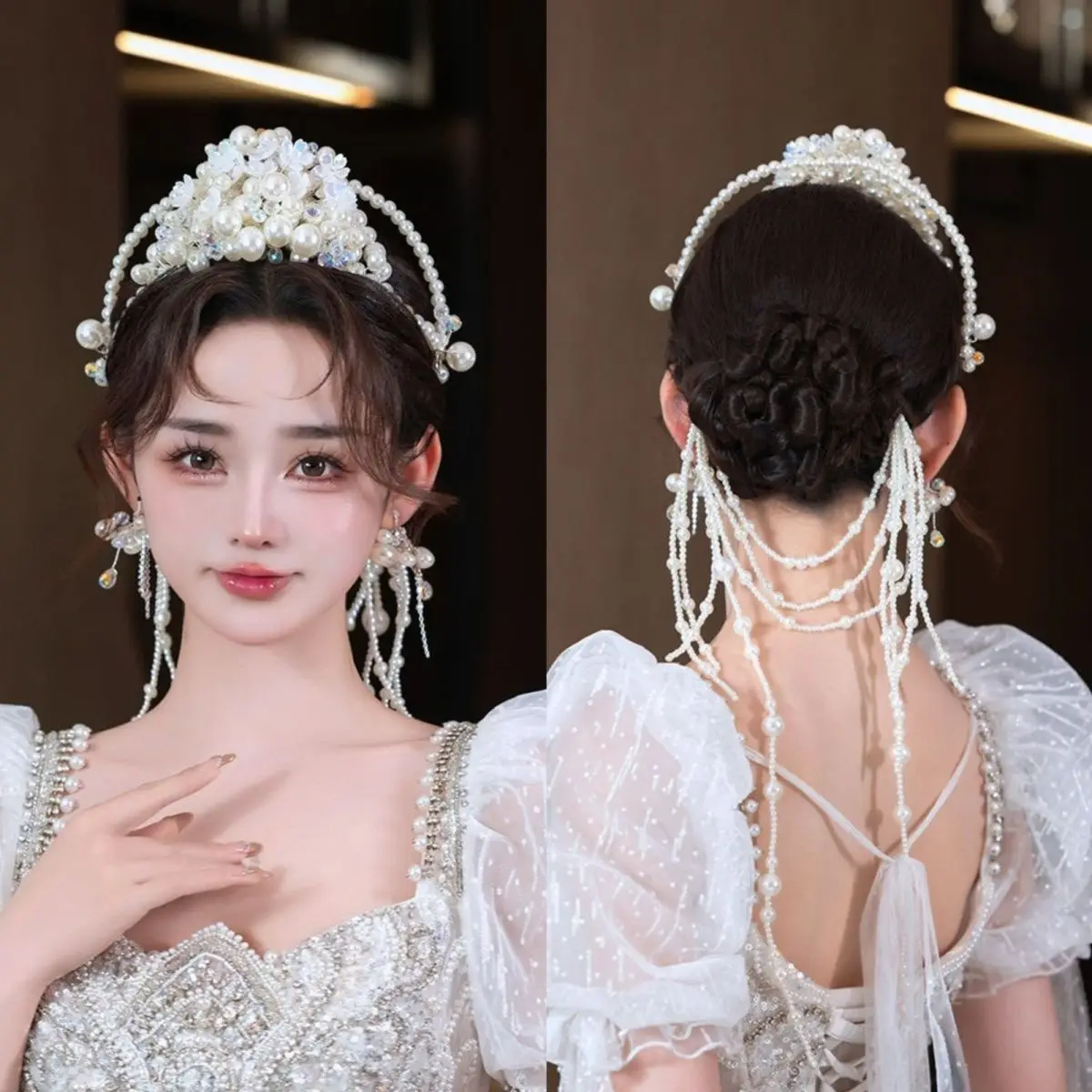

Свадебный головной убор с короной, изысканный жемчужный цветок ручной работы, элегантный роскошный витой костюм с кисточками, свадебный ободок для волос, аксессуары