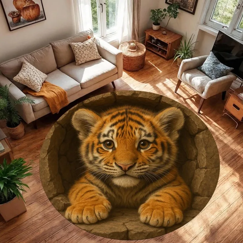 2D Visual Bear Deep Well Round Area Rug Non Slip Funny Illusion Decor Mat Indoor Living Room Bedroom Soft Floor Carpet