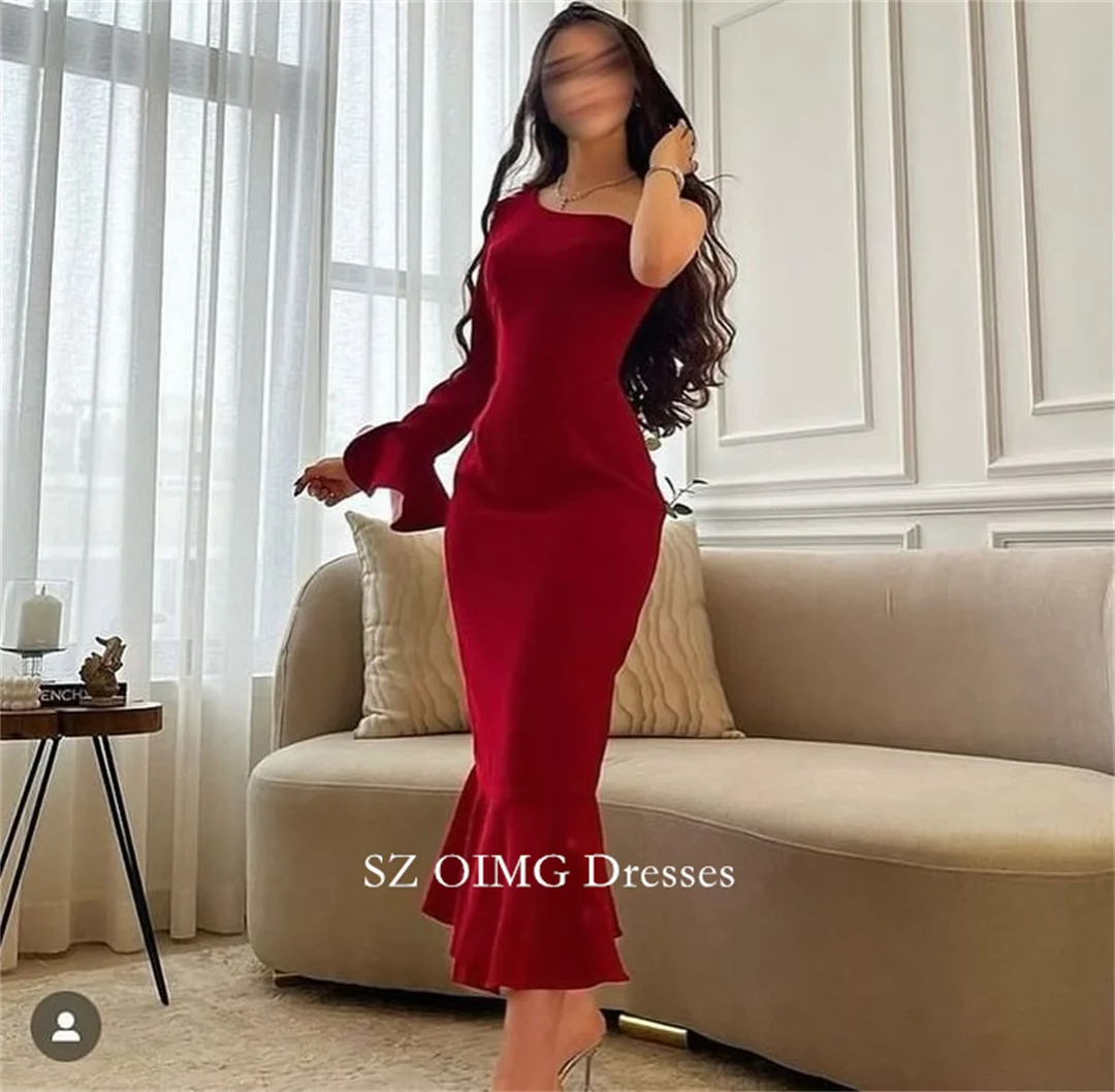 

OIMG Mermaid One-Shoulder Dark Red Women Vintage Prom Dresses Long Sleeves Ankle Length Evening Gowns 2023 Formal Party Dress