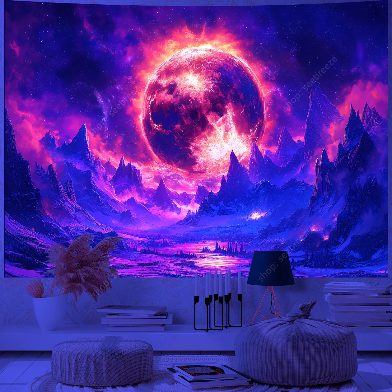 Galaxy Space Landscape UV Reactive Tapestry Trippy Planet Mountain River Neon Art Wall Tapestries for Bedroom Dorm Party Decor