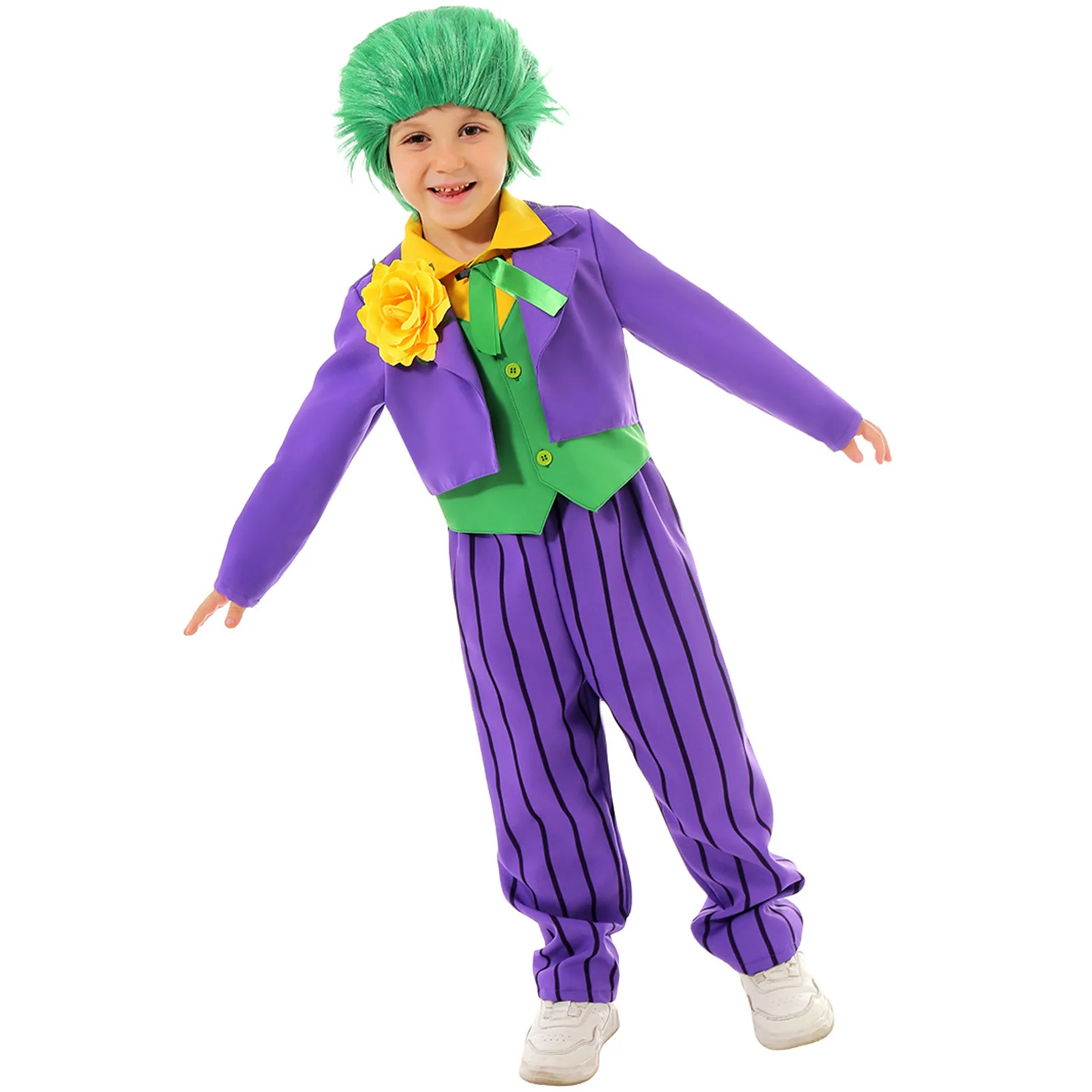 Kinder Narr Clown Cosplay Kostüm lila Uniform Mantel Hose mit Perücke für Kinder Jungen Mädchen Halloween Bühne ausgefallene Outfits