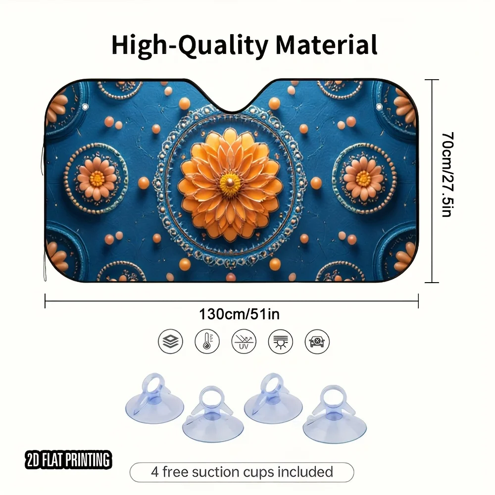 1pc 2D Flat Mandala Art Texture Print Car Sunshade – Stylish & Efficient, Keeps Your Car Cool, Includes 4 Suction Cups For Easy