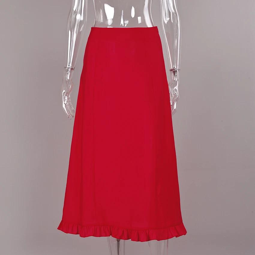 Street Chic Red Mid Calf Skirts For Woman 2026 Autumn Vintage Loose High Waist Trumpet Skirts Casual Ruffles Long Skirt Female