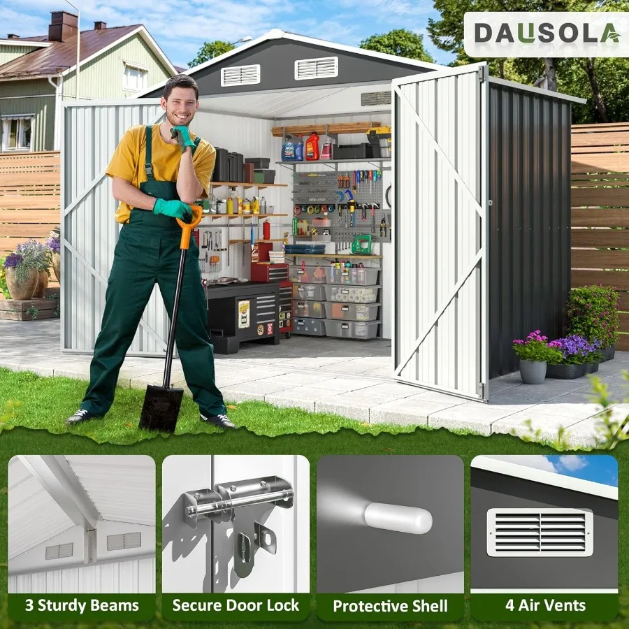 سقيفة تخزين خارجية مقاس 7.6 × 5.5 قدم مع هيكل إطار مطور وأبواب قابلة للقفل مثالية لتنظيم الحديقة في الفناء الخلفي والحديقة #3