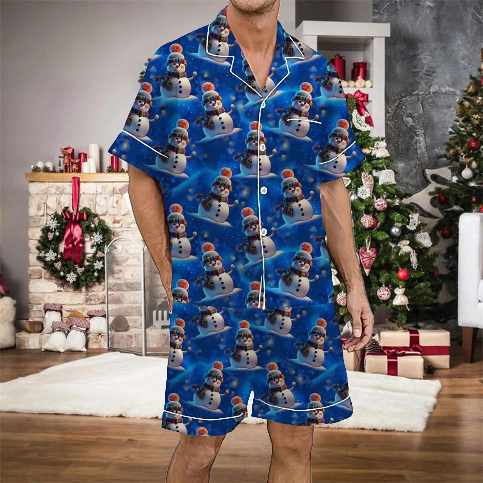 Satin Silk Men\'s Christmas 2 Piece Pajamas Set Short Sleeved Button Up Shirt And Shorts Set Christmas Tree Printed Short Suit