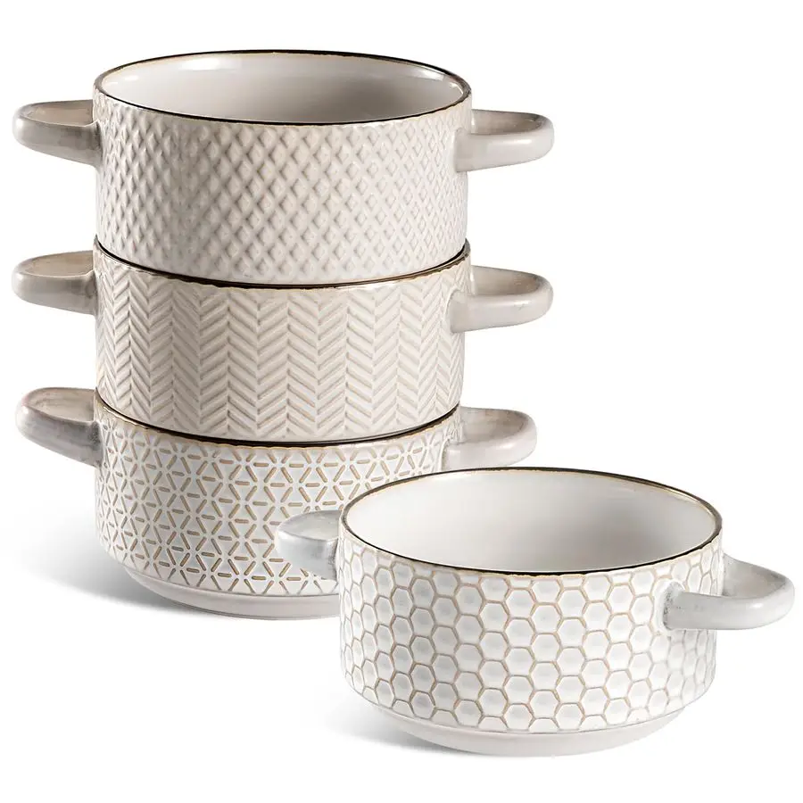 Suppenschalen-Set, 27-Unzen-Schalen für französische Zwiebeln, Suppenkörbe mit Griffen, geprägte Steinzeugschalen für Suppe, Müsli, Rindfleisch, Eintopf, Chili, Mikrowelle, Di