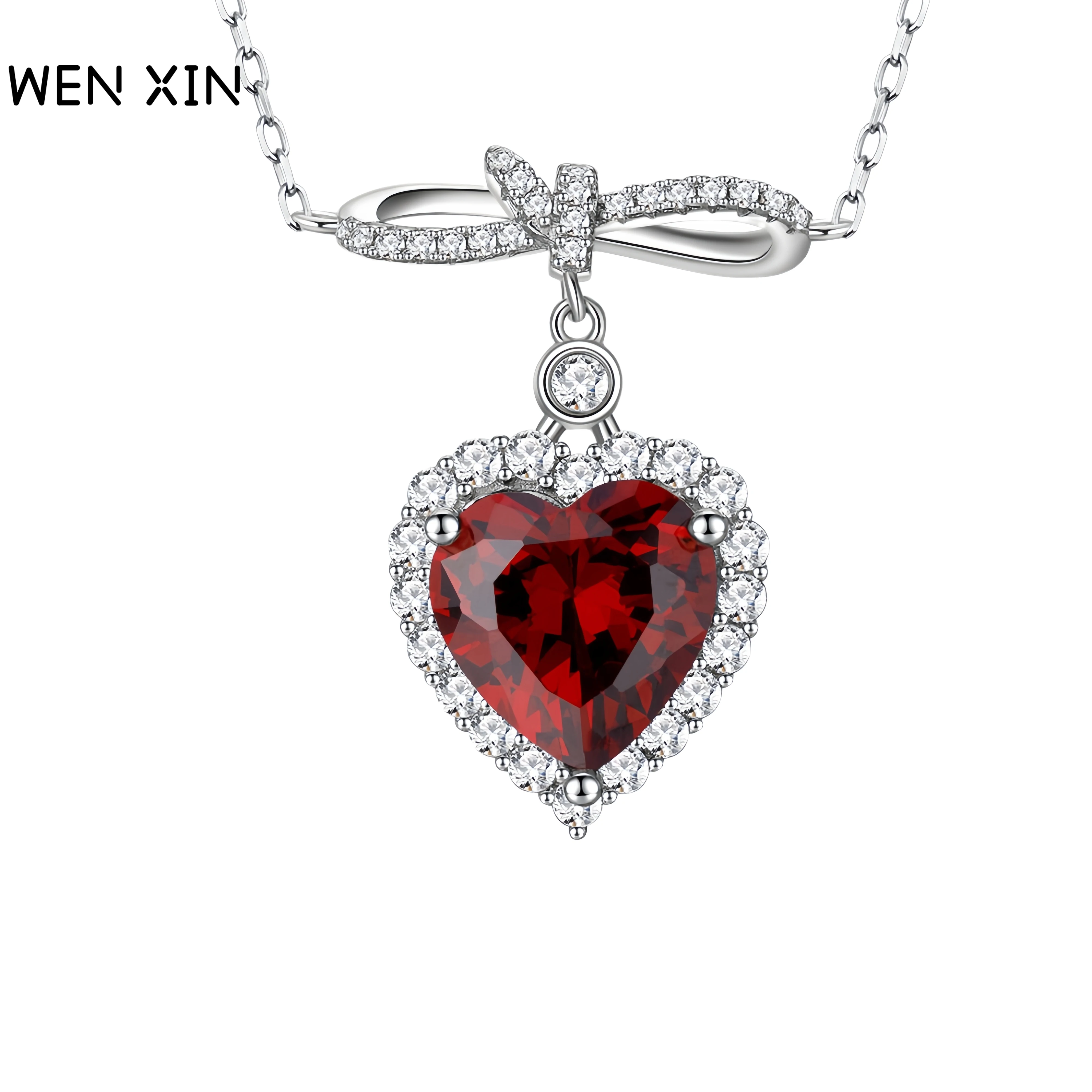 

WENXIN Luxury Bowknot Heart High Carbon Diamond Necklace Pendant 925 Sterling Silver Pendant Necklaces For Women Fine Jewelry