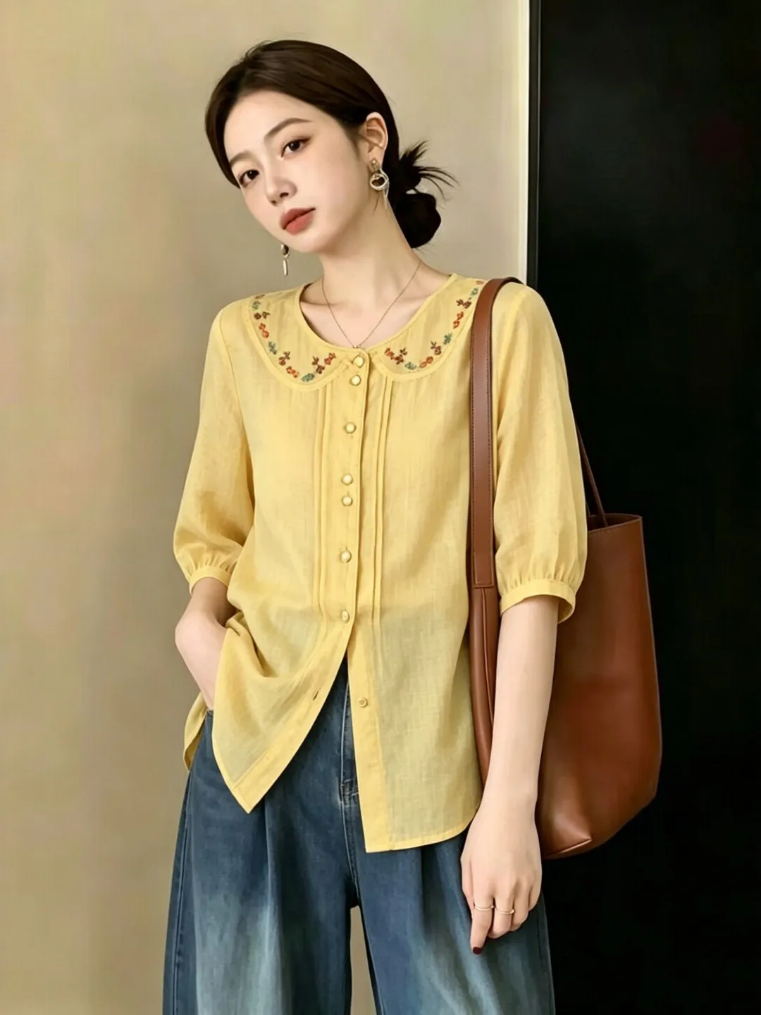 

Elegant round Neck Open Cardigan Women's Top Summer Slimming Artistic Style Embroidered Short Sleeve T-Shirt Breathable Casua...