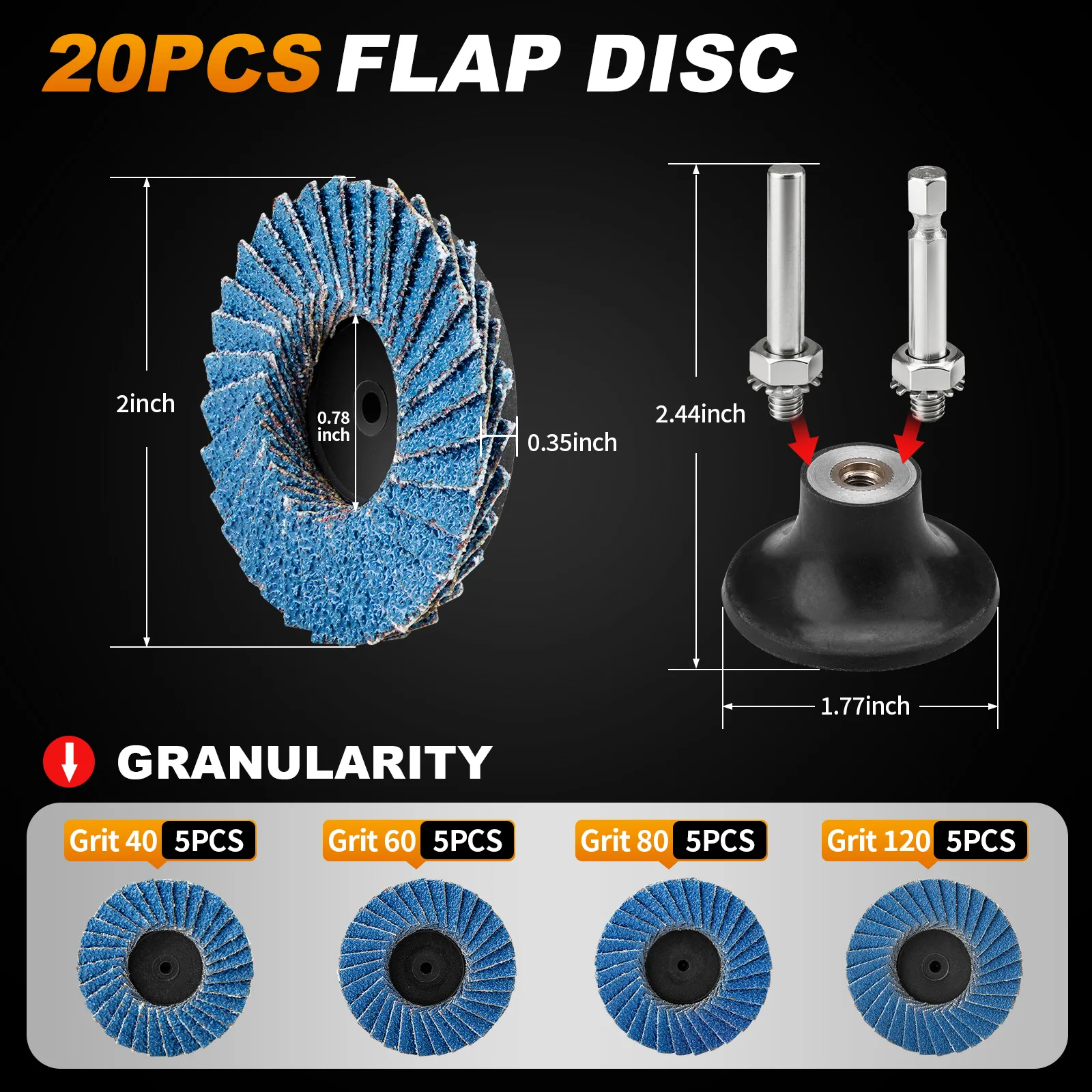 20pcs 2 Inch Flap Discs Zirconia Quick Change Sanding Disc 40-120 Grit with 1/4