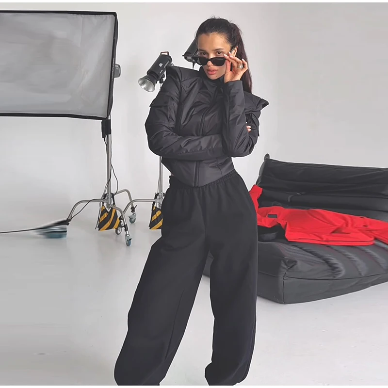 Women's Winter Coat Short Padded Coats Stand Collar Cinched Waist Pad Shoulder Zipper Jacket Street Warm Outerwear For Ladies
