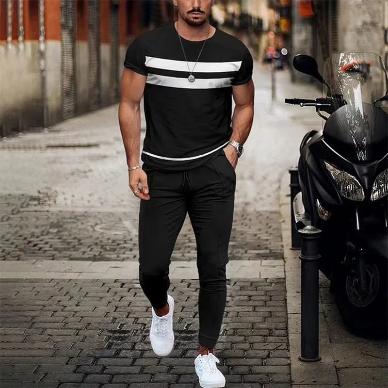 Newest Summer Men 3D Printed short T-shirt Trousers Set Men T-shirt Trousers Set Man Short Sleeve Long Pants Set Retro Casual
