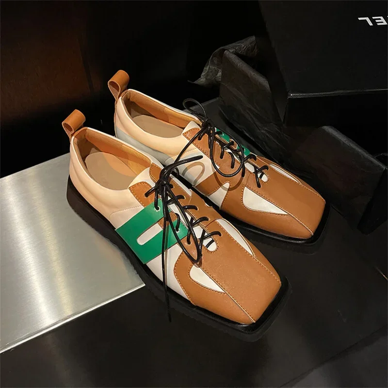 Square Toe Leather Shoes Spring Autumn New Fashion Cozy Lace Up Sapato Feminino Mixed Colors Slip On Zapatos Mujer British Style