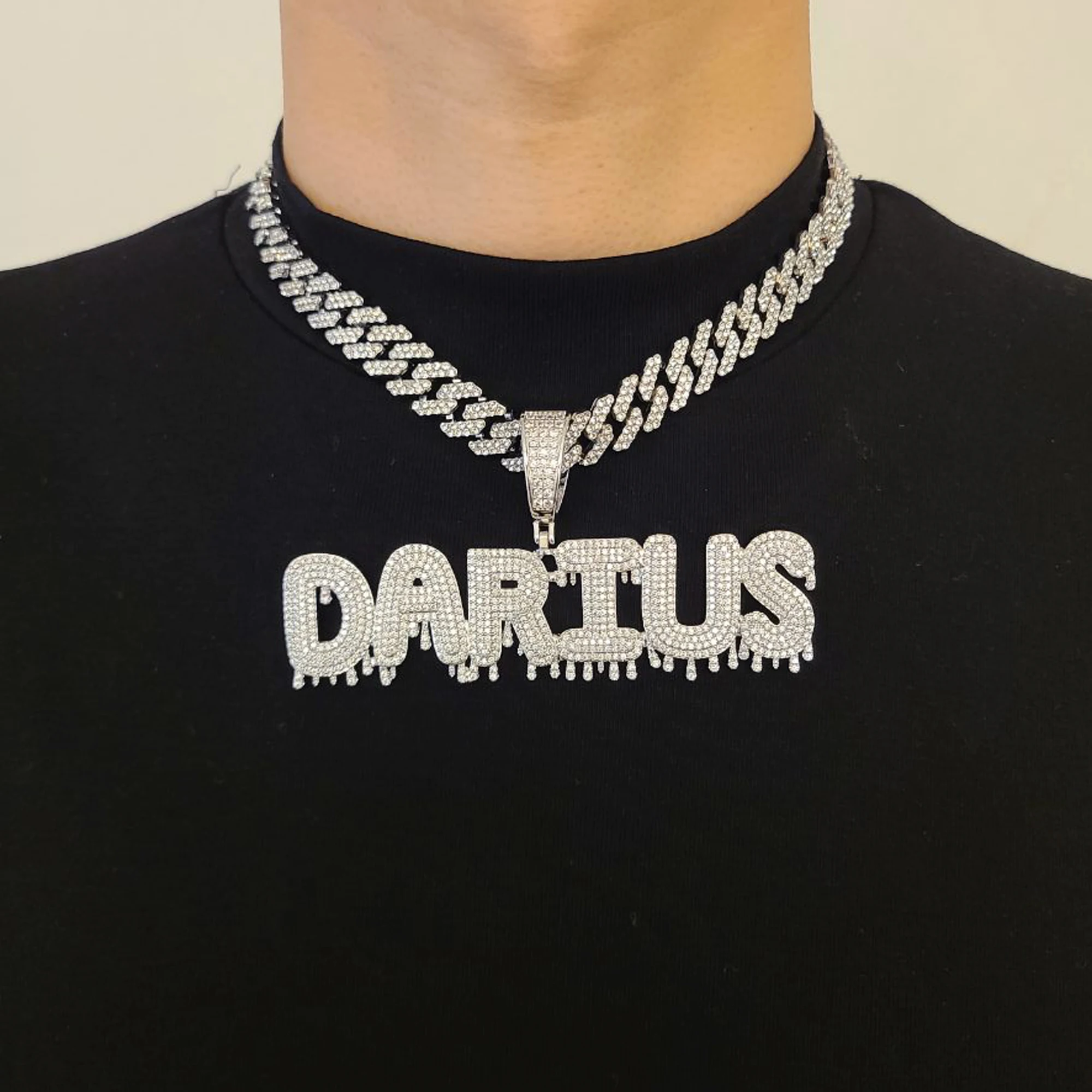 Personalized Drip Letters Pendant, Custom Nameplate with Bling Cuban Link, Name Chain, Prom Party Jewelry, Men&Women's Jewelry