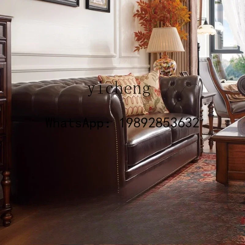 Q4 leather sofa rural simple retro small apartment solid wood first layer cowhide sofa combination three people