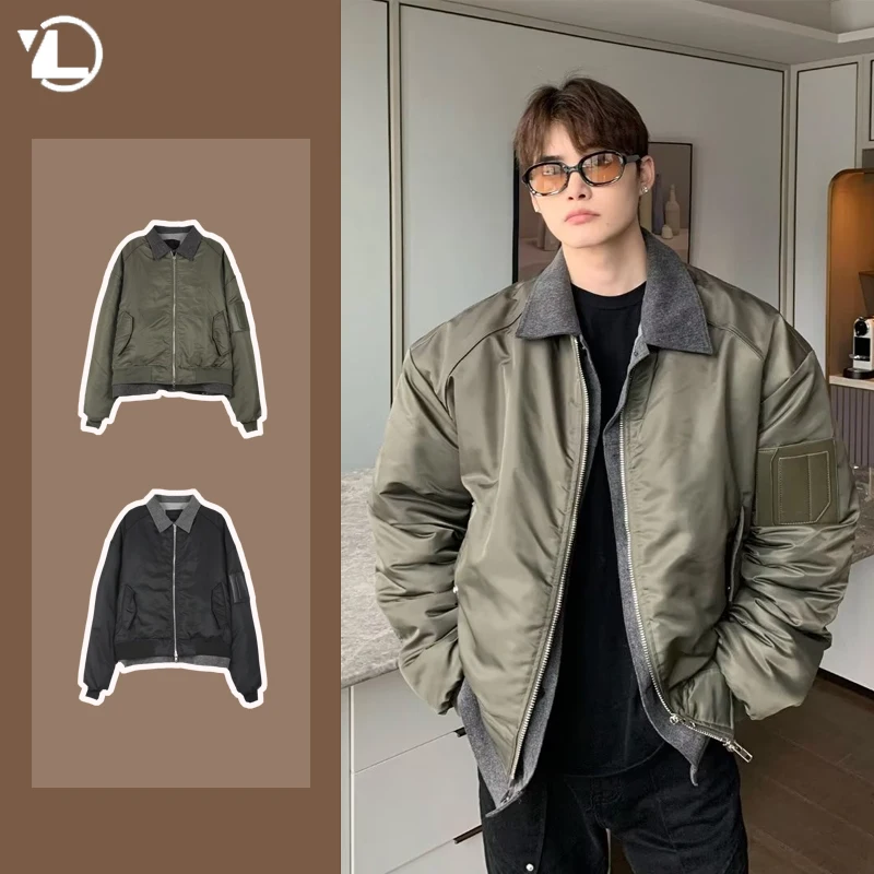 Japanese Winter Mens Cotton Jackets Fake Two Pieces Thickened Street Punk Parkas Loose Lapel Zipper Warm Harajuku Coats 2024