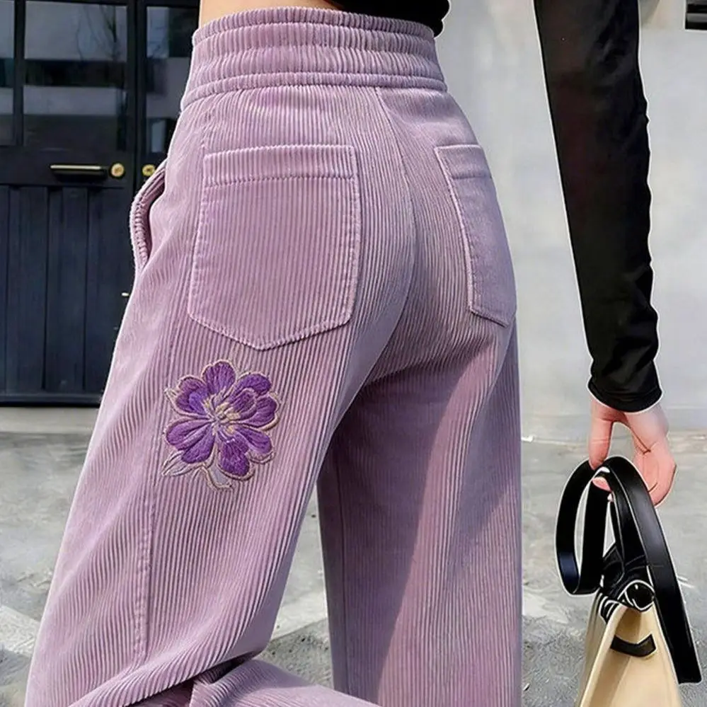 2027 Spring New High-Quality Casual Trousers Women Purple Printed Straight Wide-leg Pants Female Retro Joker Mop Pants Ladies