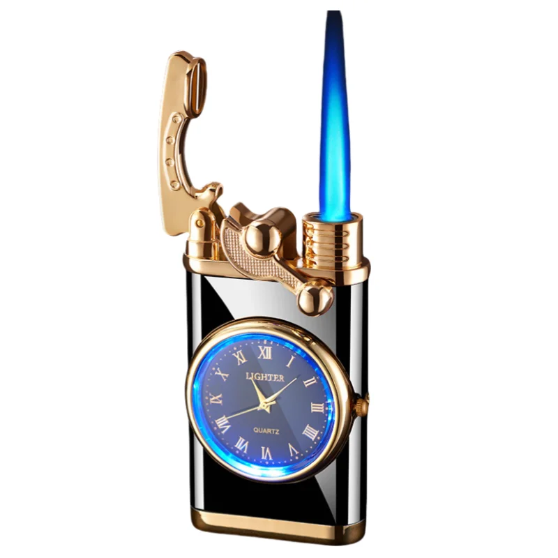 Nouvelle montre à Quartz coupe-vent briquet métal lumière bleue culbuteur Butane Jet flamme torche briquet fumer hommes cadeau outils d'allumage