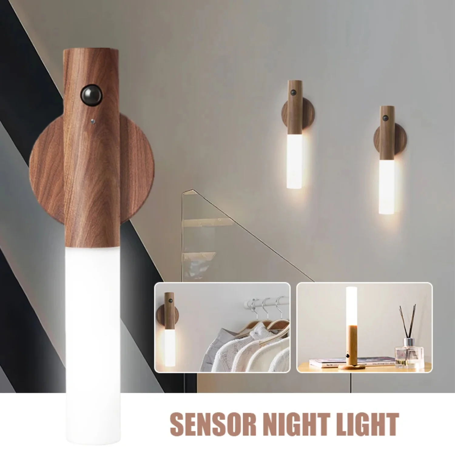 LED Warm Motion intelligent Sensor Wall Lamp Wireless Wood Stick Night Light Corridor Cabinet Wardrobe Decor 