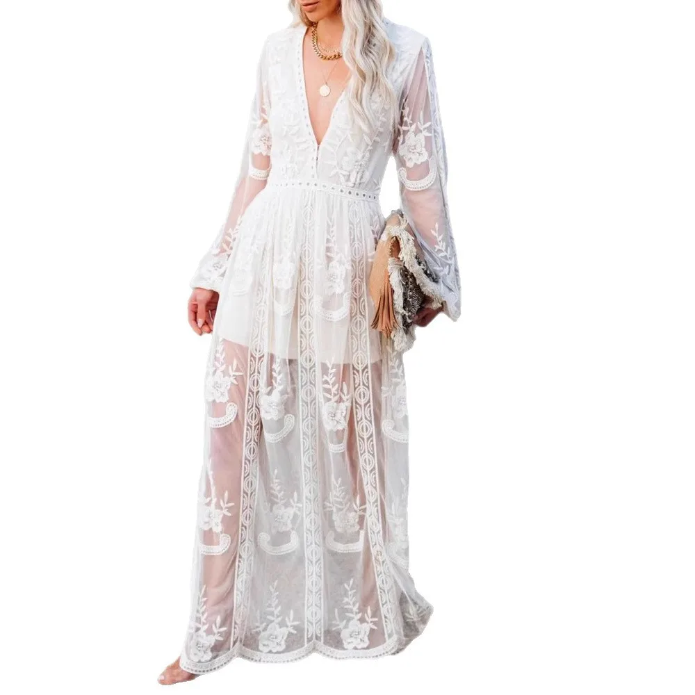 Women's Clothing Lace Dress Long-sleeve V-neck Hollow Out Floor Length Beach Dress V-neck Embroidery White Maxi Dress 2025