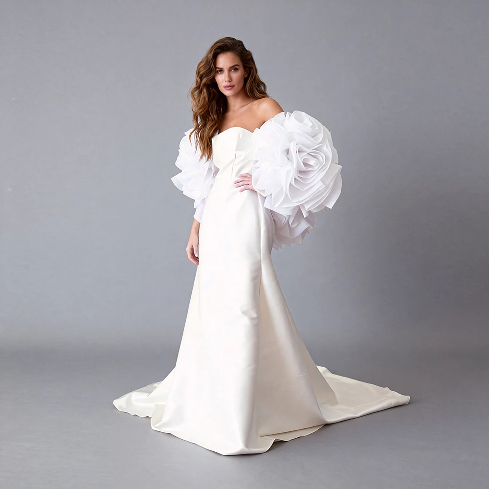 

Elegant Party Dresses 2026 3D Flower Off Shoulder Satin Evening Dresses for Wedding Event Formal Bridal Cape Prom Dress ES63241D