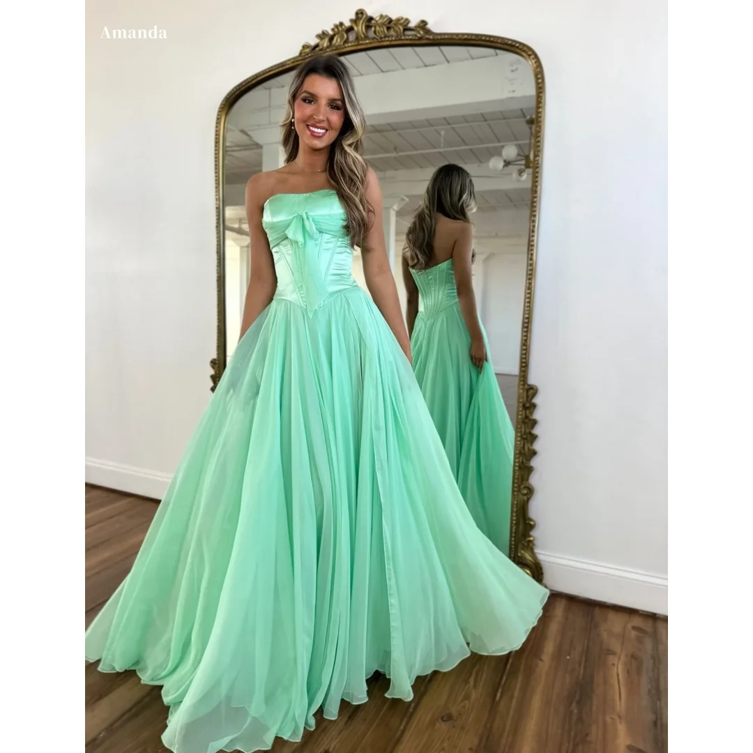 Amanda Customized Mint Green Strapless Prom Dress with Satin Corset Bodice and Flowing Chiffon Ball Gown Skirt vestidos de noche