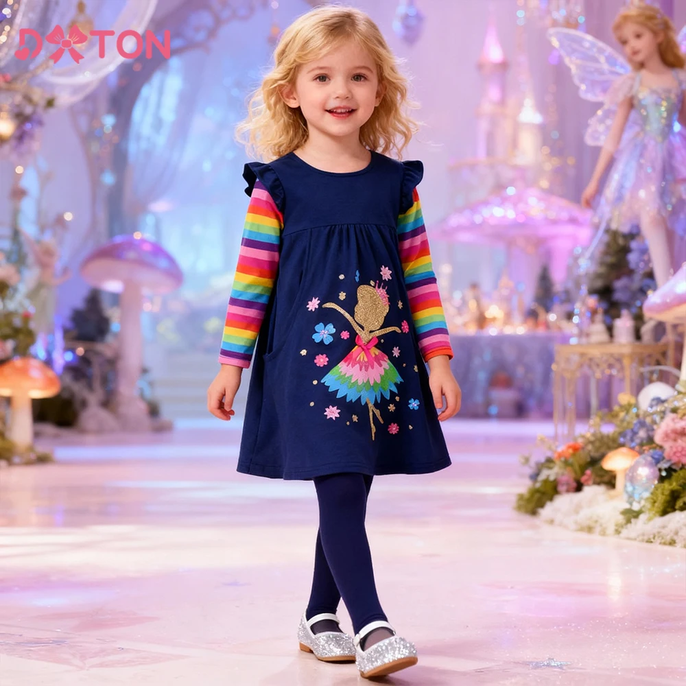 

DXTON Toddler Girls Cotton Dress Elf Dancing Printed Straight A-line Children's Daily Dress Striped Autumn Kids School Costumes