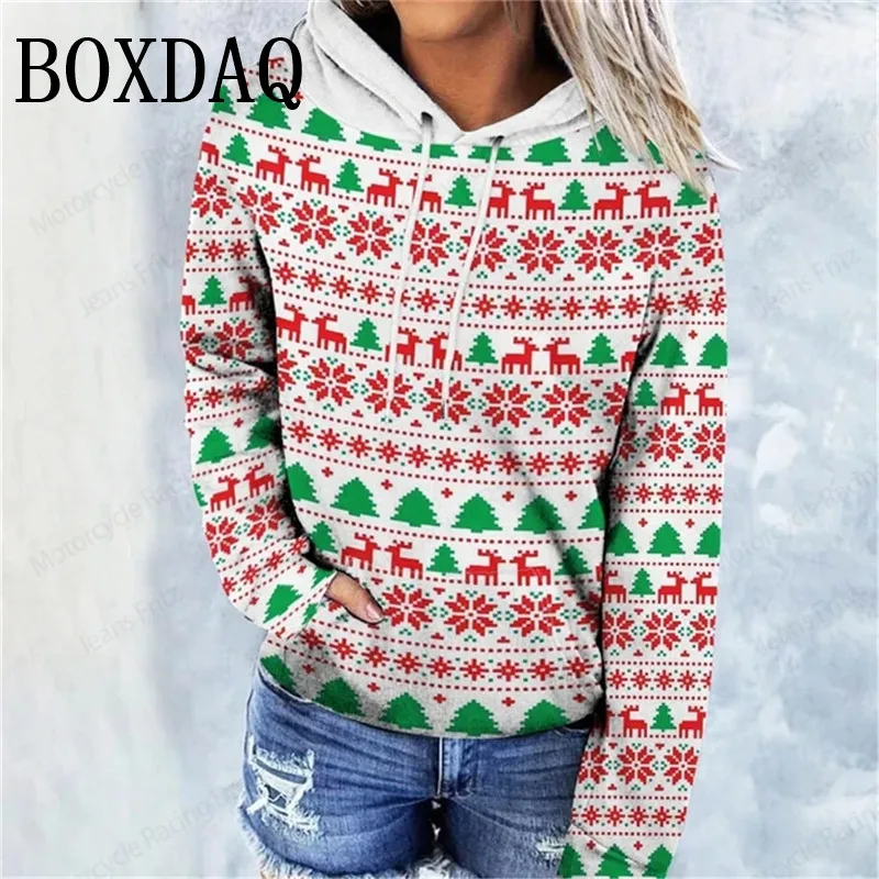 Santa Claus Sweatshirt Christmas 3D Print Hoodies Women Fashion Hooded Women Winter Casual Pocket X-mas Snowflake Loose Top 2025