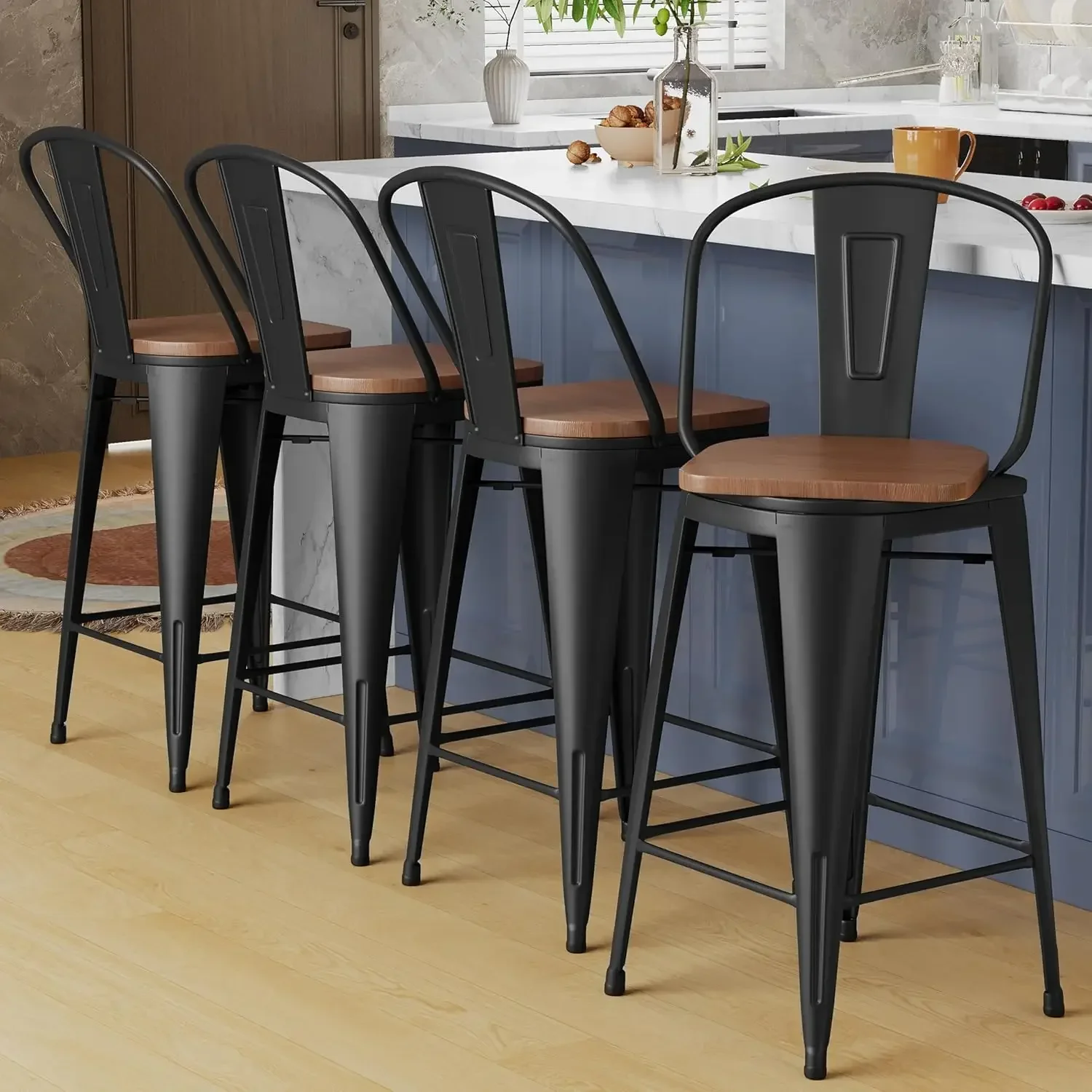 

26" Swivel Metal Bar Stools Set of 4 High Back Counter Height Barstools Industrial Dining Bar Chairs with Large