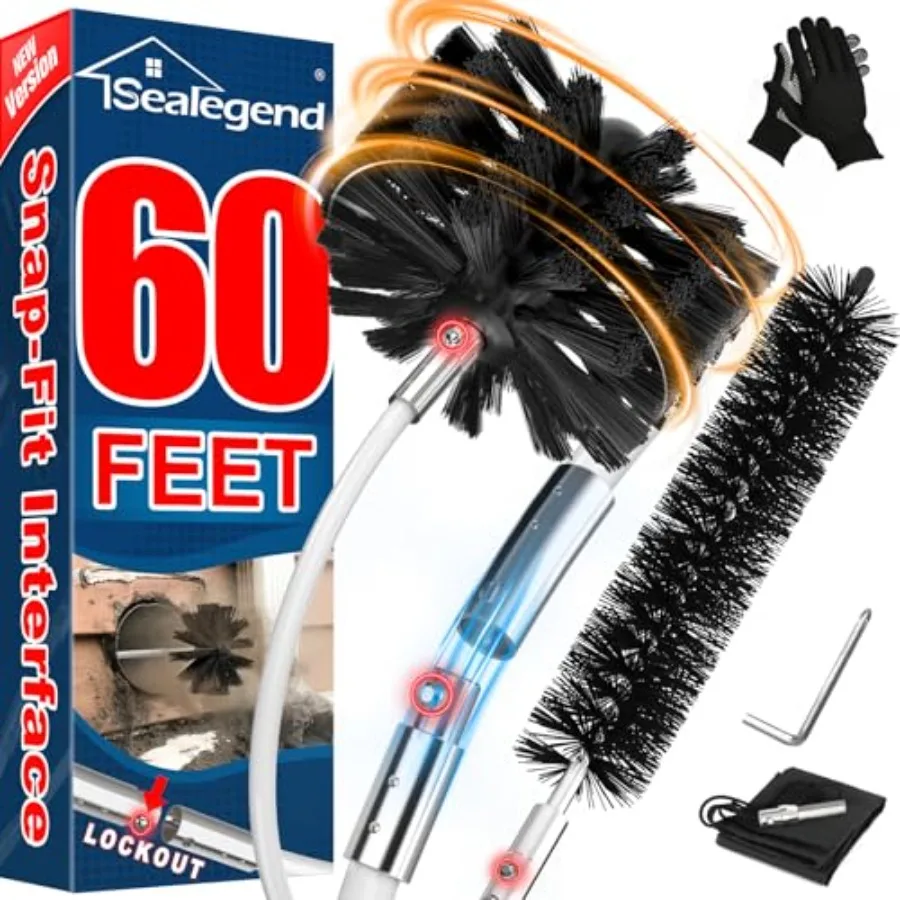 60 Feet Dryer Vent Cleaner Kit/Lint Remover/2×Upgraded Flexible Quick-Snap Brush/Fireplace Chimney Brushes for Easy to Use/Work