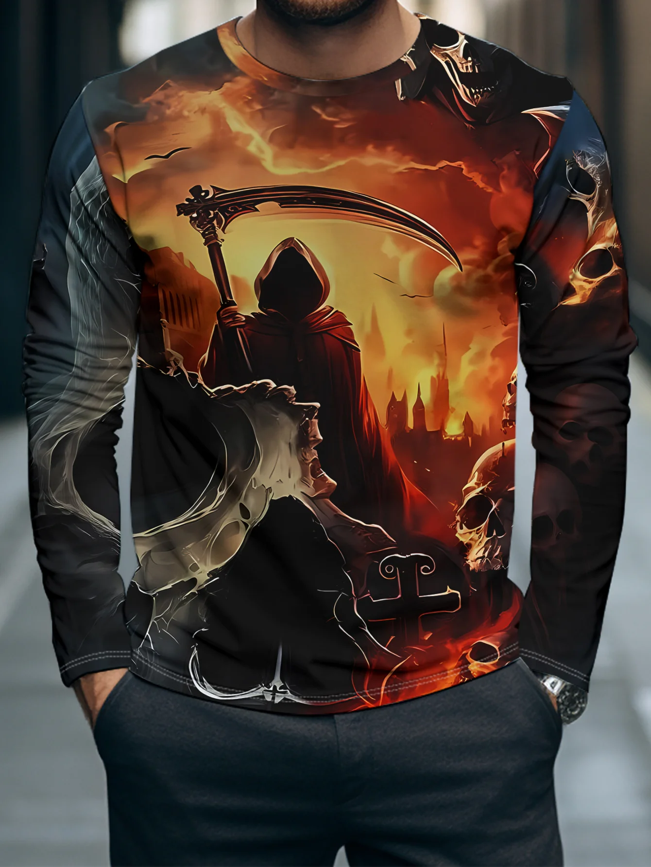 Men Long Sleeve T‑Shirt Grim Reaper Scythe Skull Castle 3D Print Gothic Halloween Street Casual Top