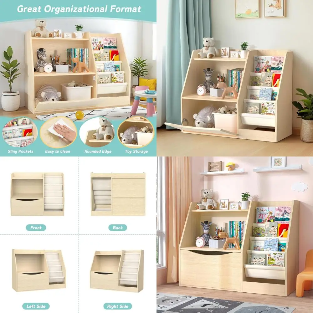 

2 Tier Kids Bookshelf and Book Storage，4 Sling Toddler Bookshelf, Storage Boxes Book Shelf & Organizer for Nursery Playroom Clas