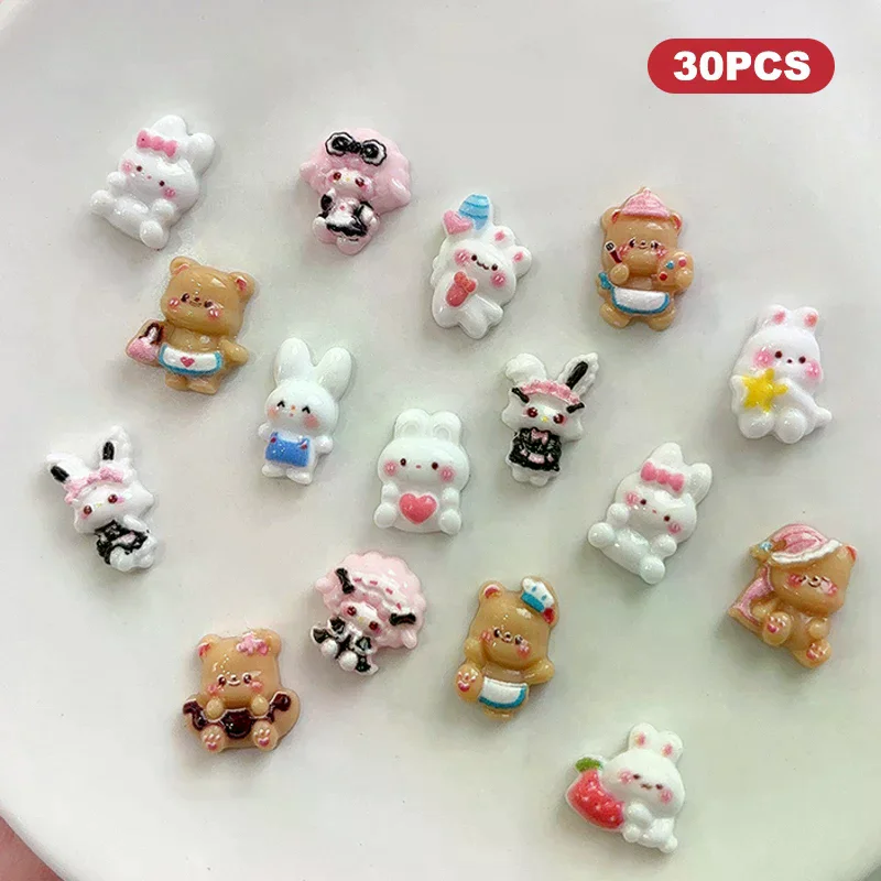 /Kuz/Cartoon Bunny Nail Art Charm 3D Candy Color Resin Cartoon Little Brown Bear Nail Decoration Kawaii Nail Accessories 30pcs