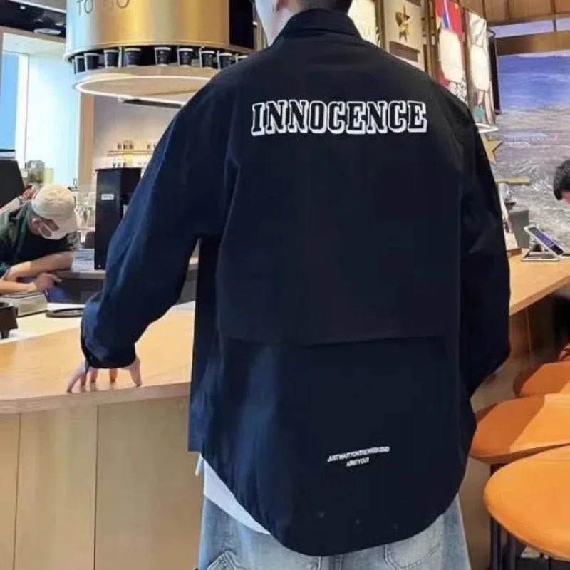 New Autumn and Winter Fashion Trend Versatile Men's 2024 Patchwork Square Collar Button Letter Loose Casual Long Sleeved Shirts