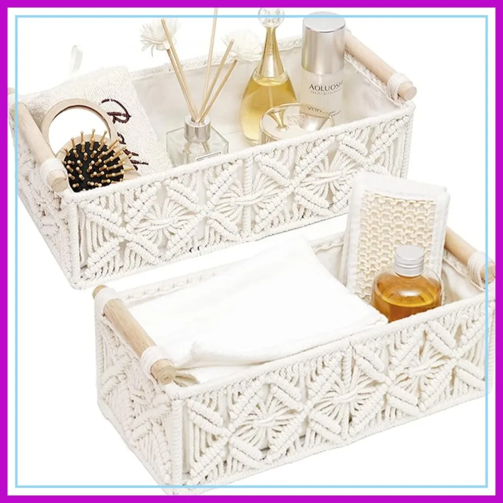 

Macrame Storage Basket Set of 2 Boho Woven Decor for Countertop Toilet Paper