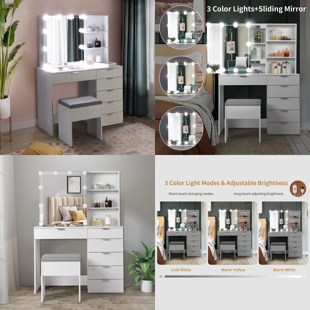 Tocador de maquillaje, escritorio de tocador LED con espejo y mesa de maquillaje de almacenamiento para dormitorio