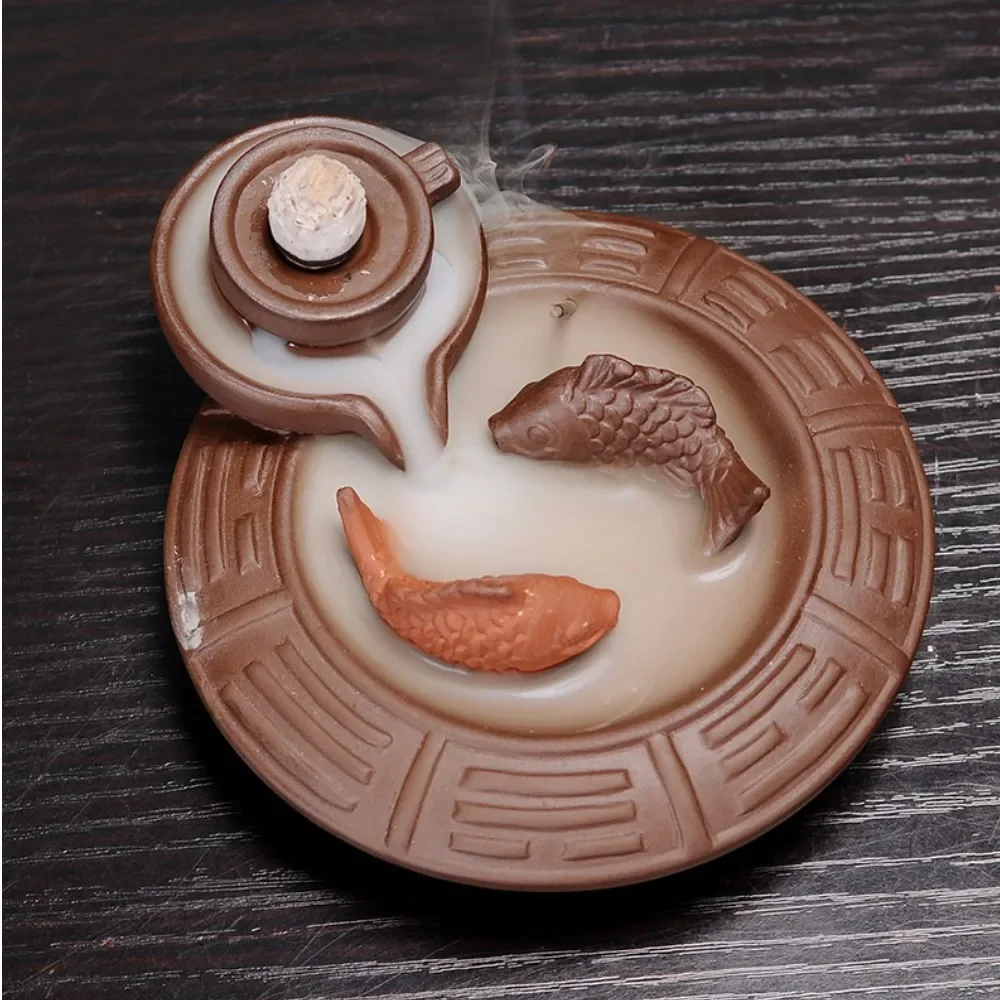 2 Fish Ceramic Purple Clay Smoke Backflow Incense Cone Sticks Burner Holder