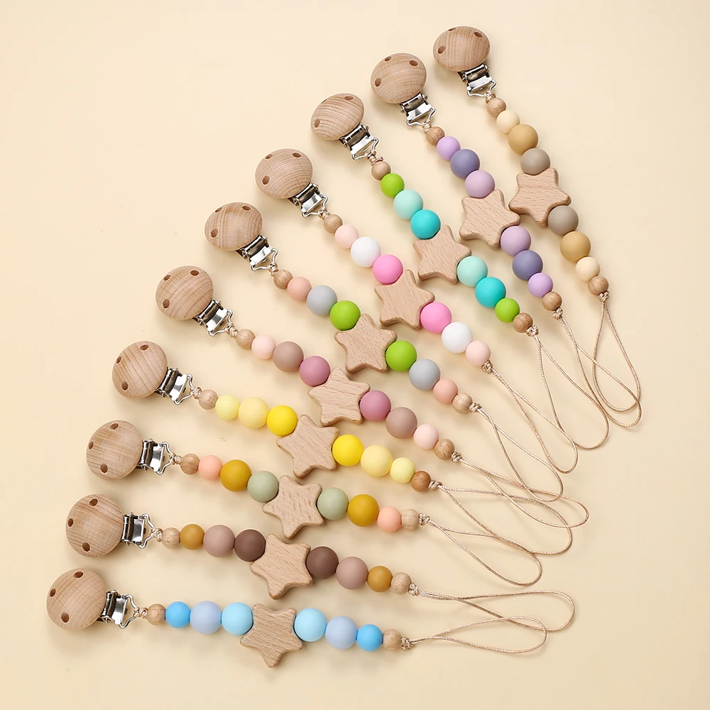 Baby Wooden Pentagram Pacifier Clip Chain Candy Color Nipples Chew Children Pacifier Clips Pacifier Teether Teething Toy Bracket