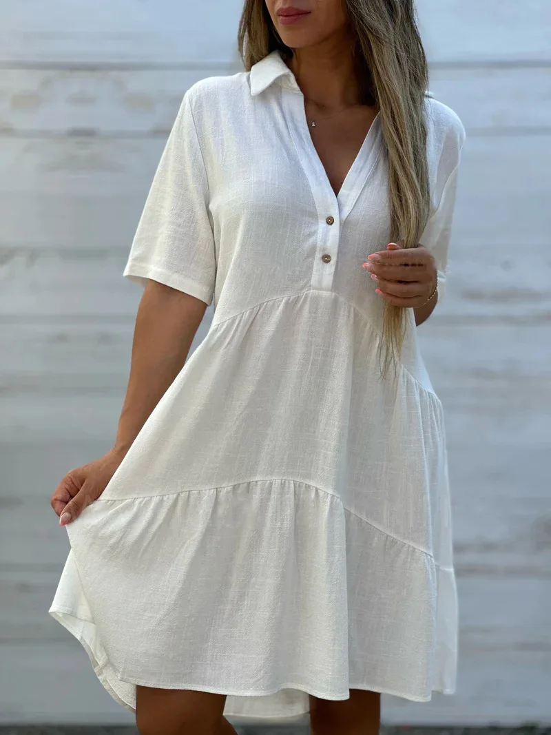 

Women's Summer Short Sleeve Patchwork Loose Solid Colour Button Lapel Casual Short Sleeve Cotton Linen Dresses