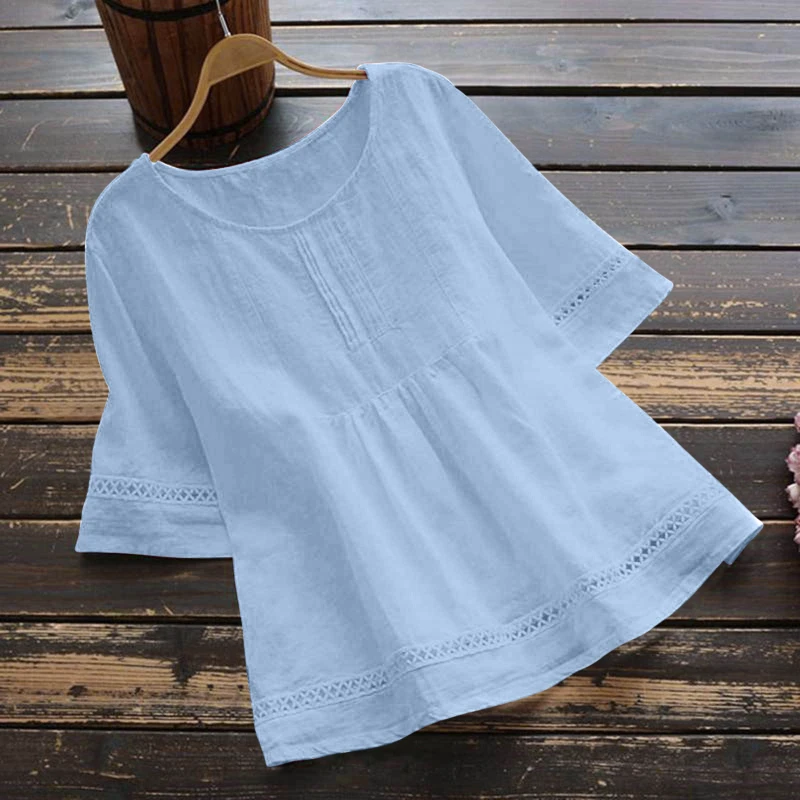 New Women's Elegant Cotton and Hemp Shirt Solid Color Casual Round Neck Hollow Half Sleeve Splicing Fashion Women's Top image 5