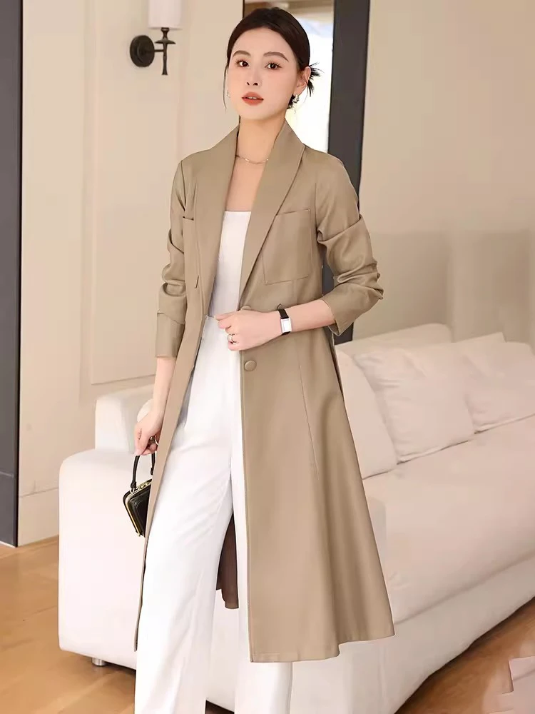 Neue Frauen Frühling Herbst Ledermantel Mode Umlegekragen Einreihig Schlanker Schafsledermantel Spaltleder Langer Trenchcoat