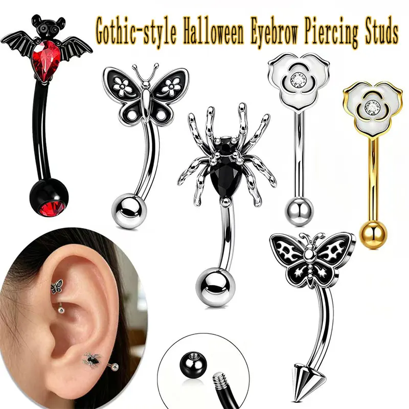 1pcs Gothic Halloween L Bend Nose Stud 316L Stainless Steel Pumpkin Spider Bat Nose Piercing Ring Party Body Jewelry