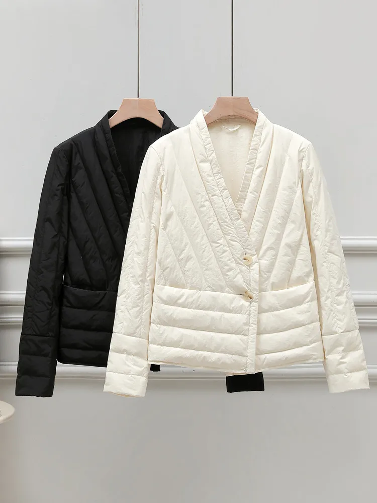 Leichte Daunenjacken für Damen im Winter mit V-Ausschnitt, einzigartige einfarbige All-Match-warme Mäntel, tägliches Pendeln, lockeres, langärmliges Oberteil