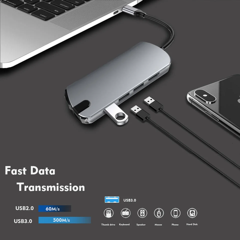 Multiport 4 5 7 8 9 11 Hub RJ45 HDMI 4K 60HZ AJ3.5 AUDIO HEADPHONE PORTS TF SD READER USB3 Adapter Free Shipping